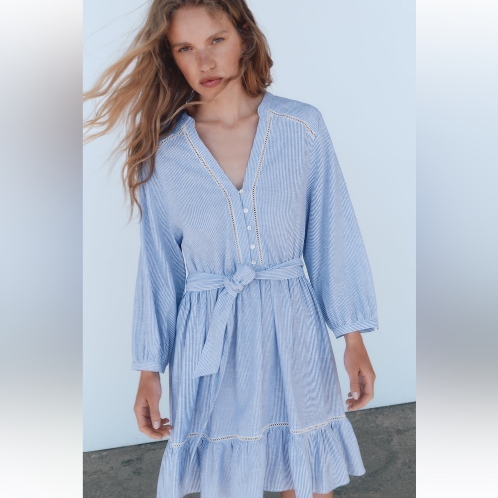 New ZARA Linen Bland Striped Inserts V-neck Long Sleeve Mini Dress - Picture 3 of 8